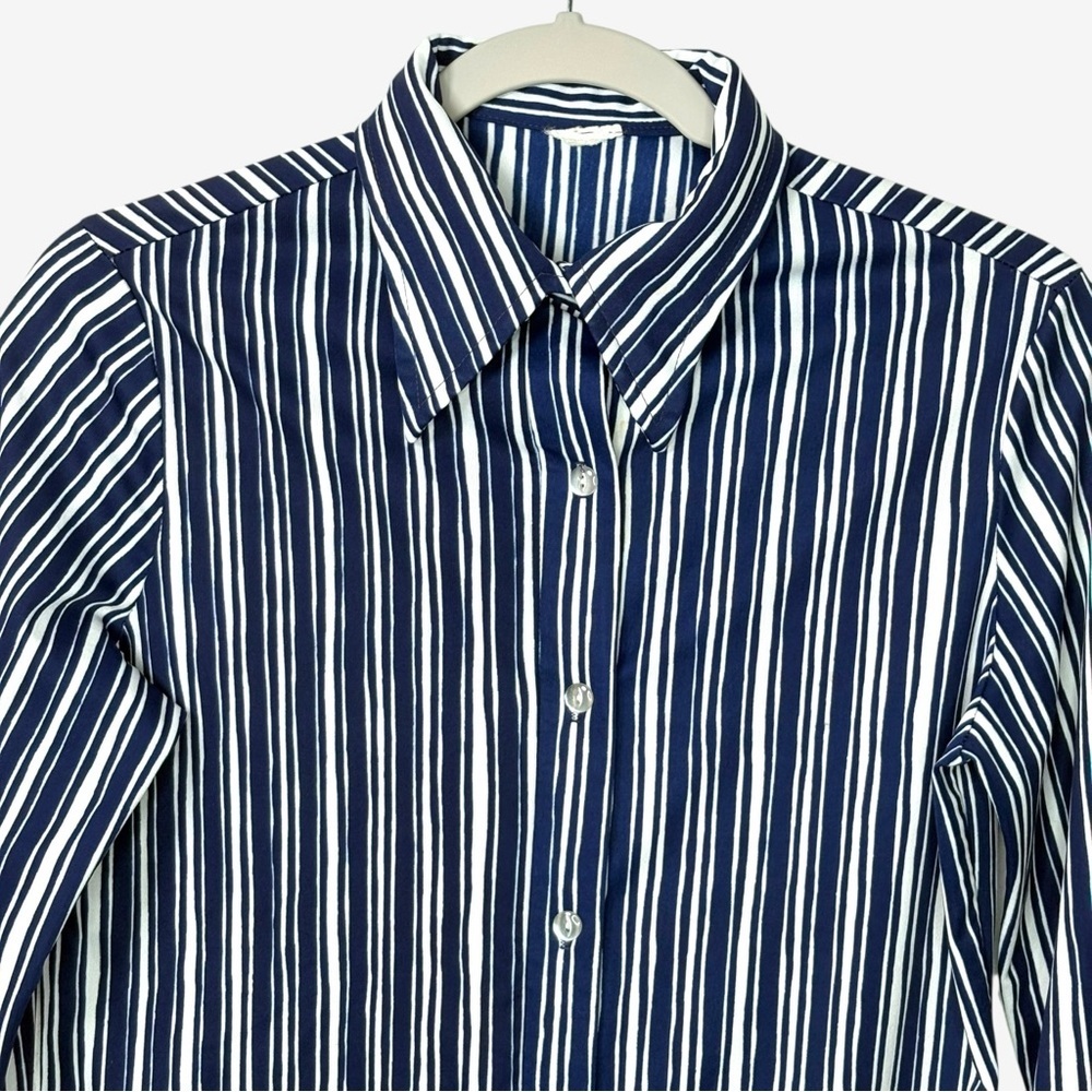Vintage 90s Office Siren Pinstripe Jersey Top • Shrunken Fitted Button Up - Picture 2 of 6